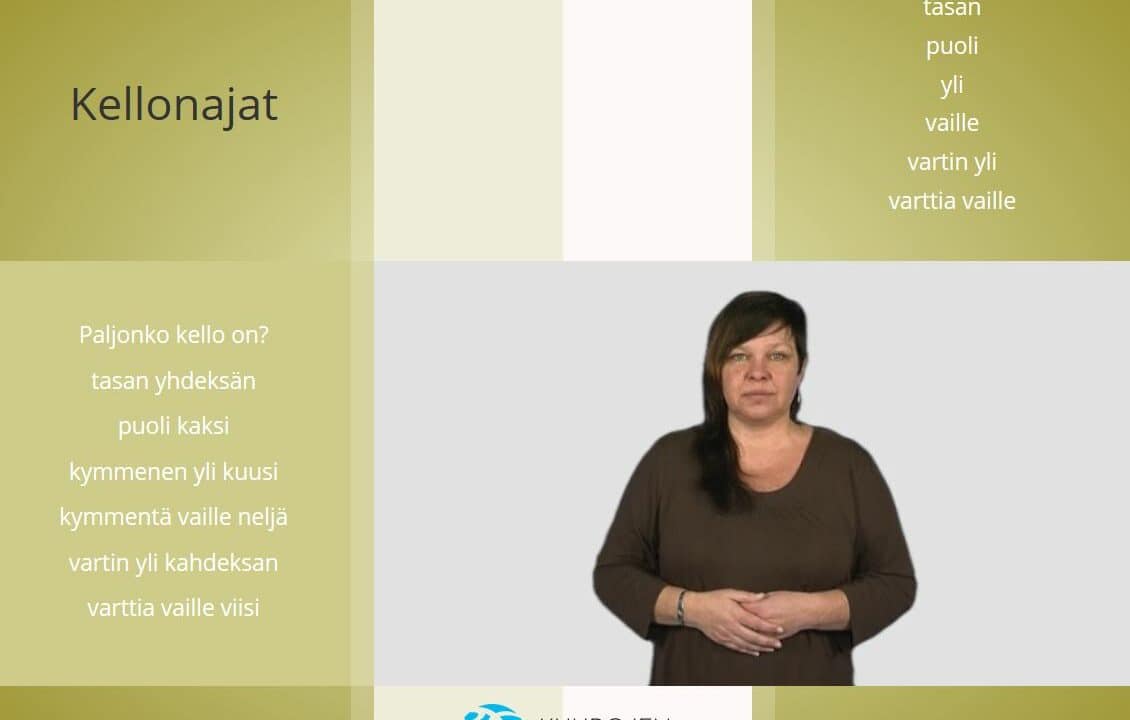 Nainen katsoo kameraan, kädet vatsan päällä, ympärill suomen kielisiä sanoja.